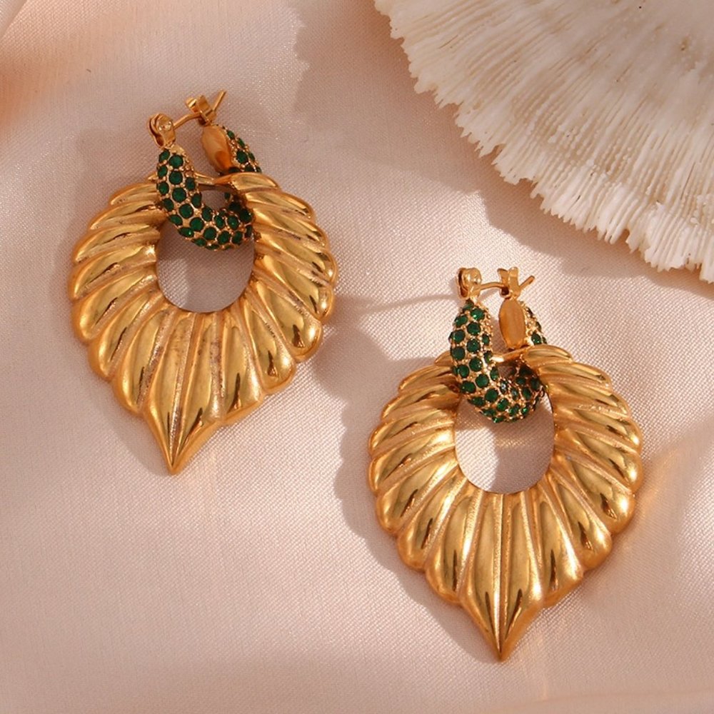 Green Zircon Micro Pave Chunky Palm Leaf Drop Statement Earrings 18K Gold Plated